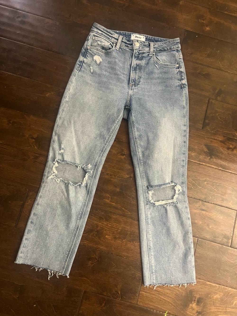 PAIGE Light Blue Distressed Straight Leg Jeans